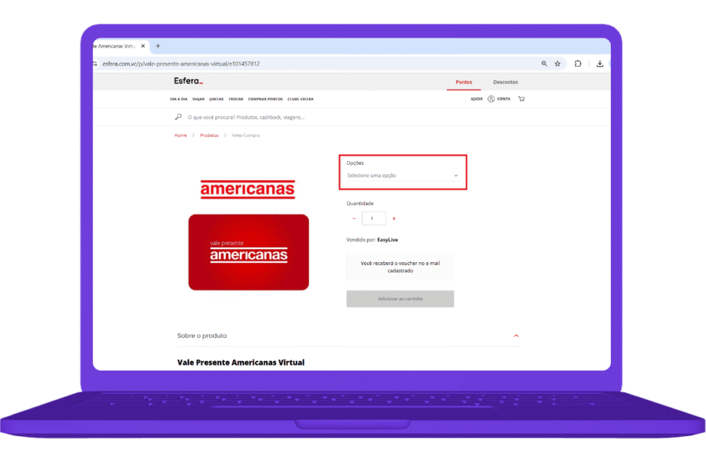 Resgate do Cartão Americanas com pontos Esfera no site