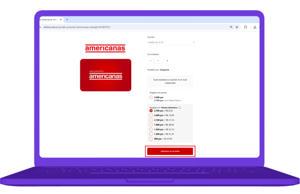 Resgate do Cartão Americanas com pontos Esfera no site