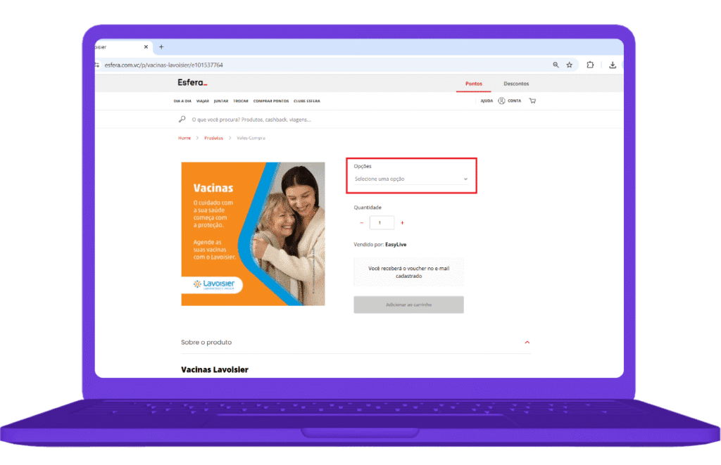 Resgate do Cartão Vacinas Lavoisier com pontos Esfera no site