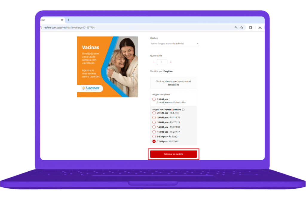 Resgate do Cartão Vacinas Lavoisier com pontos Esfera no site