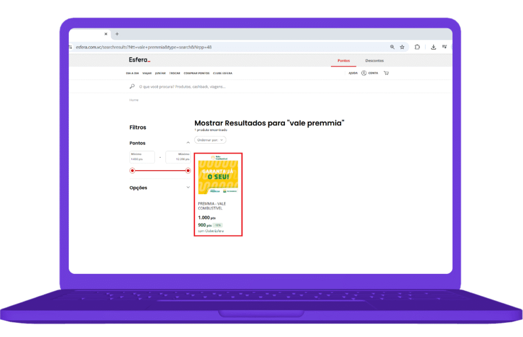 Resgate do cartão combustível no site Esfera