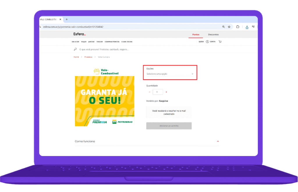 Resgate do cartão combustível no site Esfera