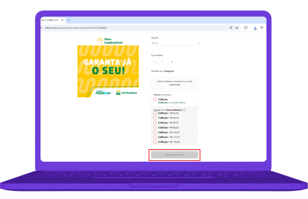 Resgate do cartão combustível no site Esfera