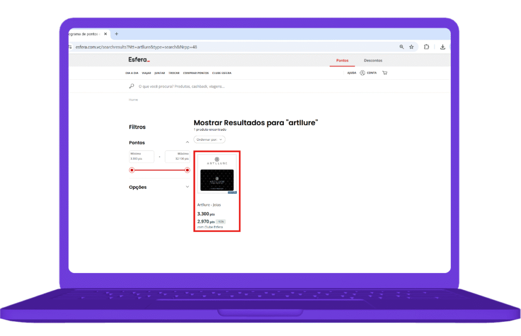 Resgate do vale-compras Artllure com pontos no site Esfera