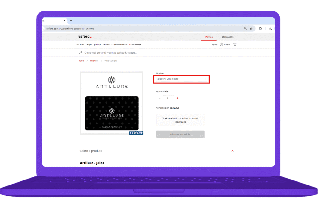 Resgate do vale-compras Artllure com pontos no site Esfera