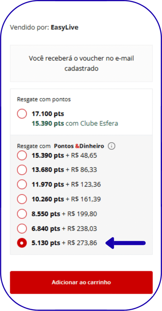 Captura de tela indica desconto no cartão presente NFL ao usar Pontos e Dinheiro na Esfera