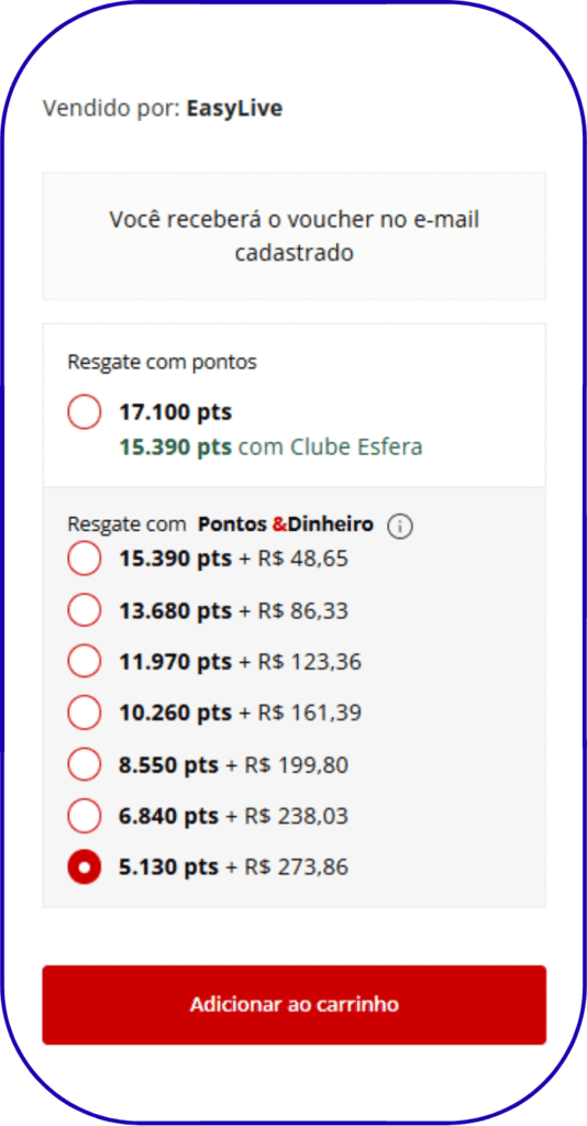 captura de tela exemplifica desconto do voucher ri happy com Pontos e Dinheiro na Esfera