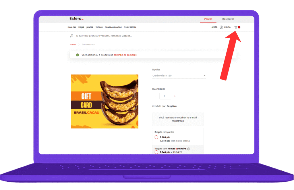resgatar cartão presente Brasil Cacau na Esfera - passo 4