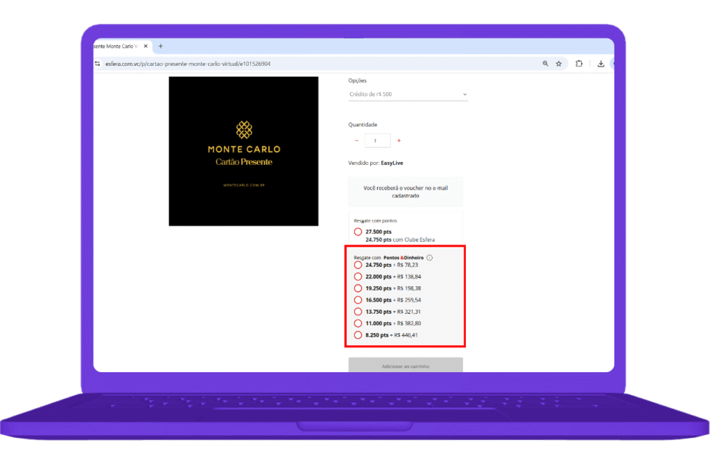 voucher Monte Carlo com Pontos&Dinheiro da Esfera