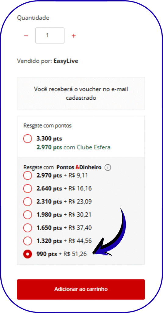 Captura de tela indica pagamento de voucher com Ponto e Dinheiro no site Esfera
