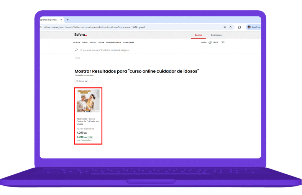 Resgate do voucher Curso Online de Cuidador de Idosos no site Esfera