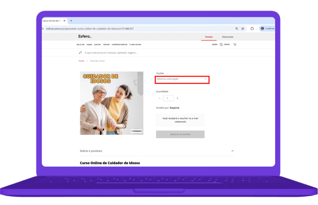 Resgate do voucher Curso Online de Cuidador de Idosos no site Esfera