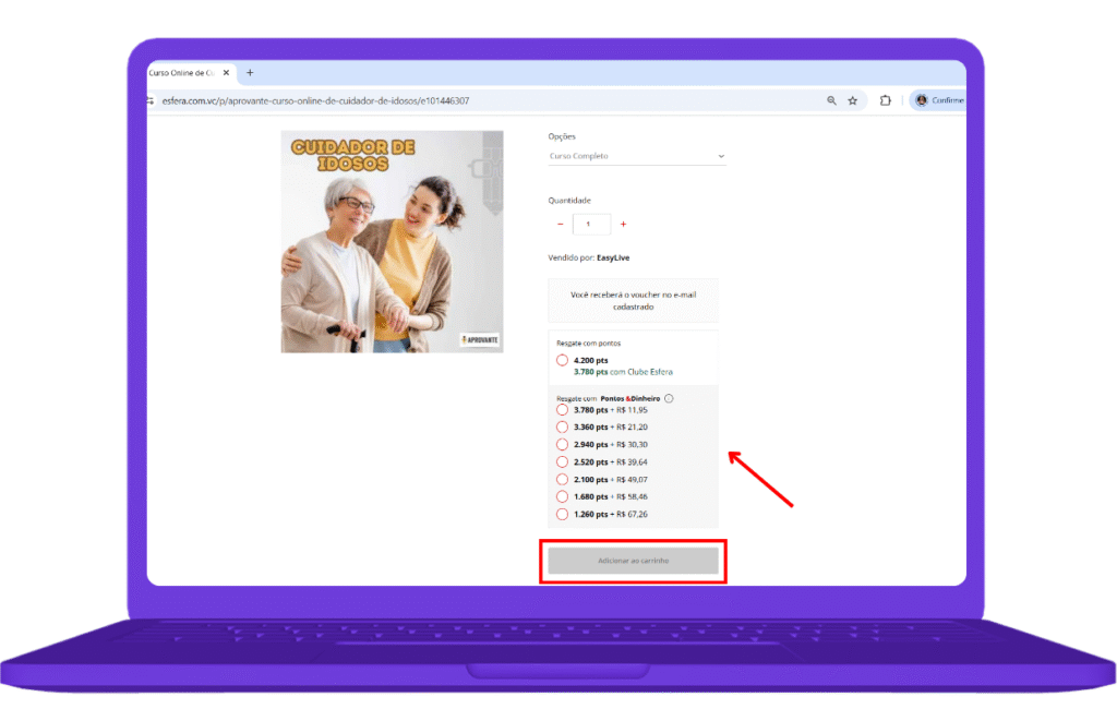 Resgate do voucher Curso Online de Cuidador de Idosos no site Esfera
