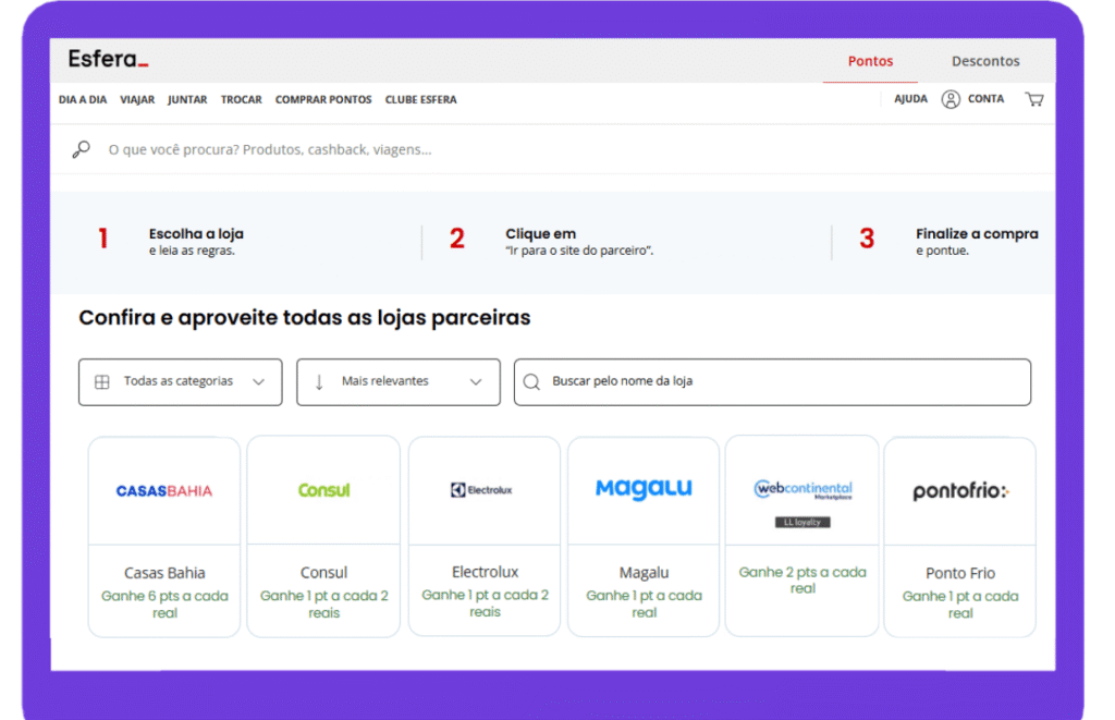 Imagem contém captura de tela do site Esfera mostrando lojas parceiras para comprar e juntar pontos no programa na black friday