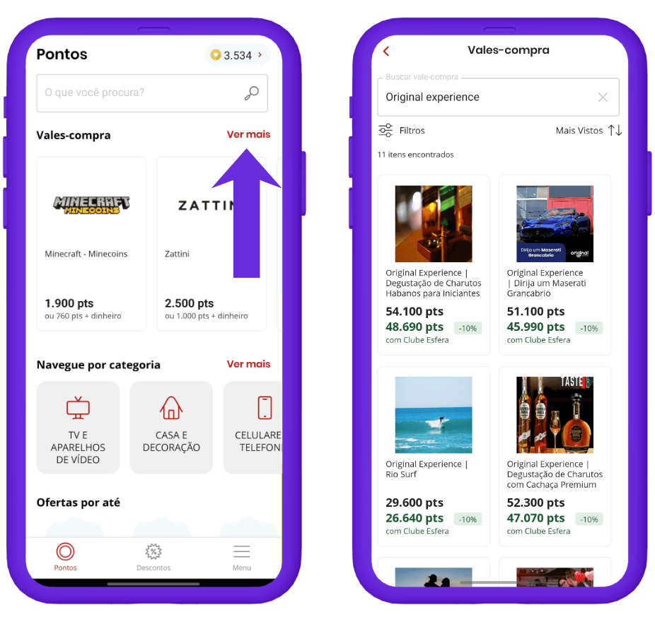 resgatar vale-compra original experience esfera - passo 1