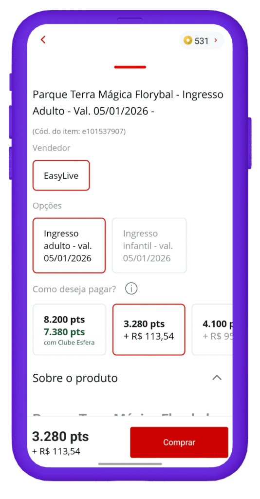 resgatar voucher ingresso parque terra mágica florybal na Esfera - passo 2