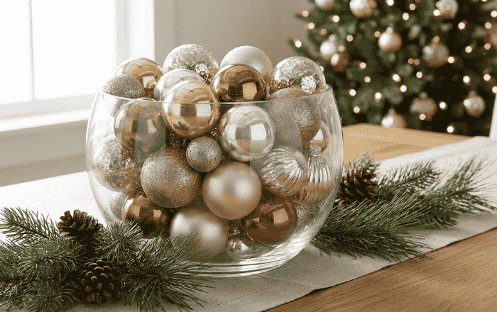 decoração de natal simples - arranjos de mesa com bolas